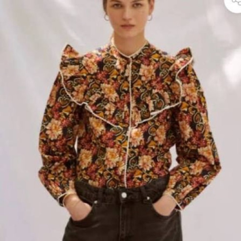 NWT. SONMER. ver Autumn Floral Ruffle-Trim Button-Front Blouse in Multi-Color